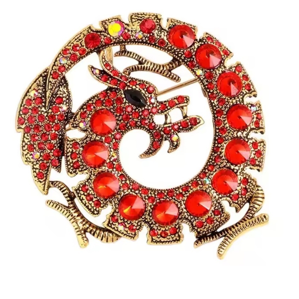 Red Dragon Crystal Gold Brooch